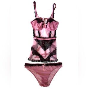 Victoria's Secret Mesh Pink and Black Lace Apron Babydoll and Panty Set